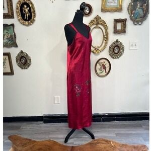 Vintage Inner Most Red Satin Floral Embroidered Maxi Slip Dress Medium